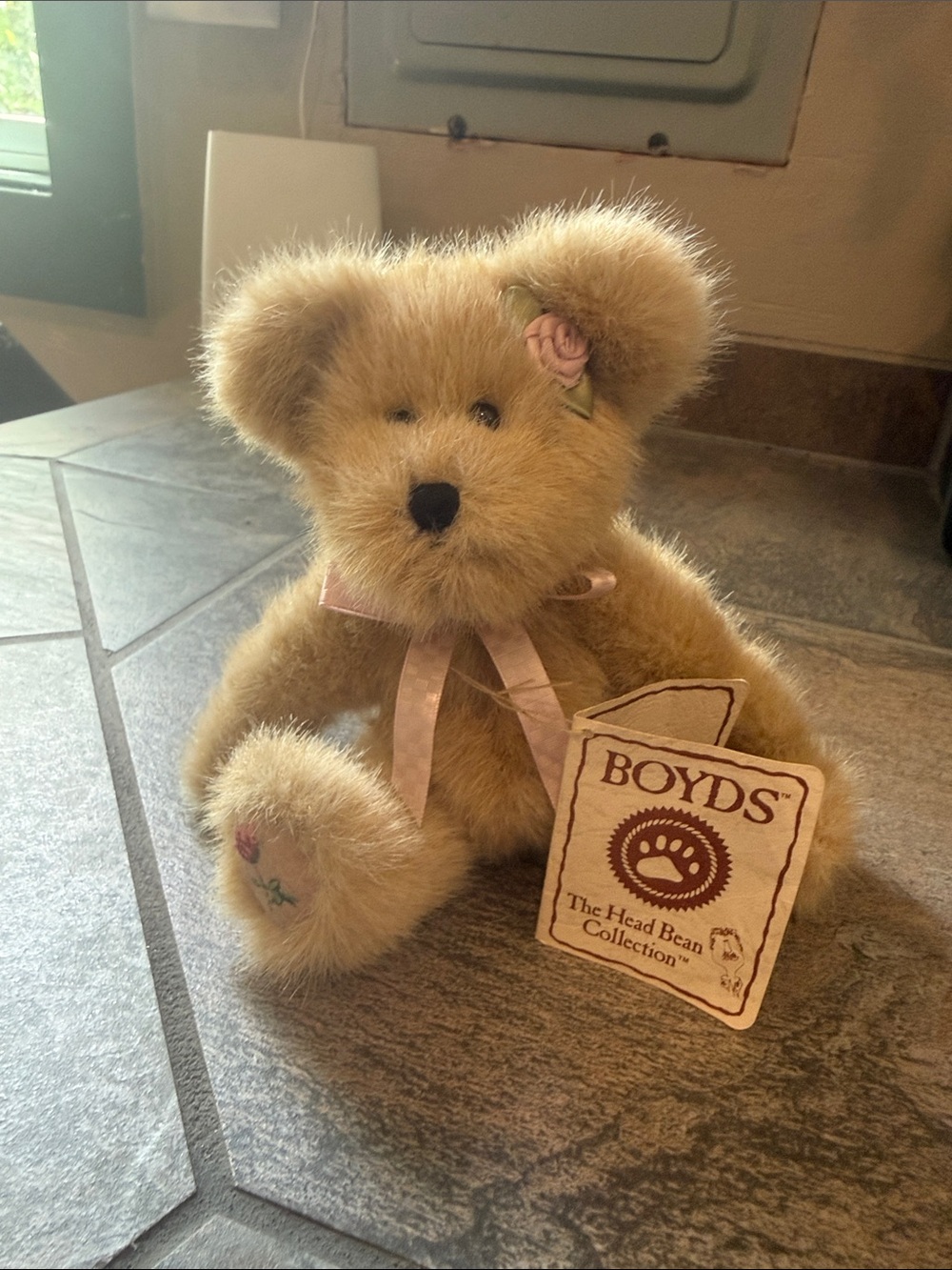 Boyds Bears Golden Tan Teddy with Pink Ribbon and Floral Ear